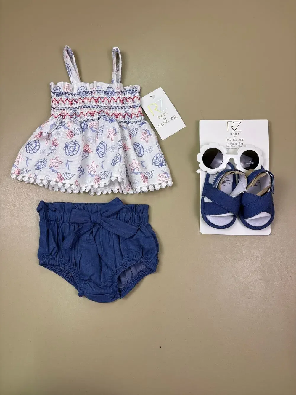 Rachel Zoe Baby Girls 4 Piece Outfit Set 0-3M Nautical Seashell Denim NWT